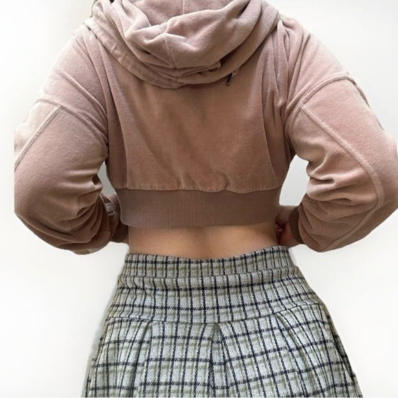 RSQ Recycled Neutral Brown Tan Velour Crop Full Zip Up Hoodie Size Large - Picture 2 of 8